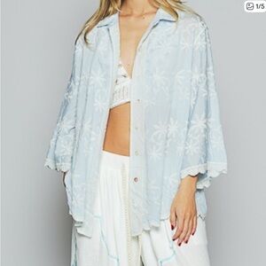 POL Sky Blue Embroidered Button Up 3/4 Sleeve Top